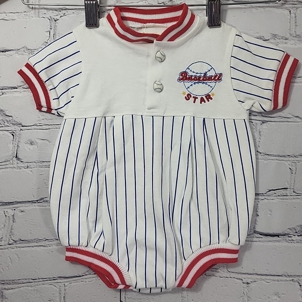 Vintage Baby Romper Baseball Uniform‎ Striped Boys 6mos Little Me Cotton USA